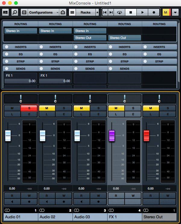 Solo aktivované na Audio 01 se nepřenese na FX 1, ačkoliv je tam přes Send signál posílán, protože Send není aktivován. Speciální případ!
